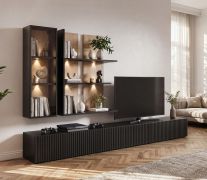 Parete attrezzata "Oppdal" 01, nero/rovere Viking, frontale cannettato, illuminazione a LED, mobile TV, 1 vetrinetta, 2 mensole, 300 x 45 x 160 cm