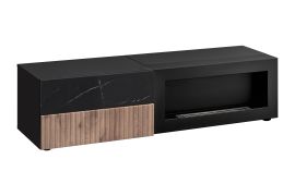 Mobile TV "Sylte" 10, nero/rovere Viking/marmo nero, frontale cannettato, 2 cassetti, caminetto a bioetanolo, Sistema "push-to-open", 160 x 45 x 42 cm