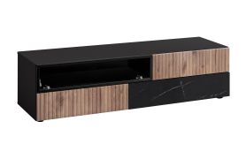 Mobile TV "Sylte" 09, nero/rovere Viking/marmo nero, frontale cannettato, 1 anta a battente, 3 cassetti, Sistema "push-to-open", 160 x 45 x 42 cm