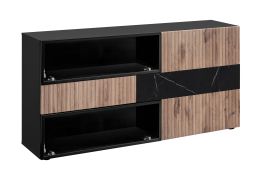 Cassettiera "Sylte" 12, nero/rovere Viking/marmo nero, frontale cannettato, 1 cassetto, 5 scomparti, Sistema "push-to-open", 160 x 45 x 82 cm