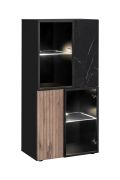 Vetrinetta "Sylte" 08, nero/rovere Viking/marmo nero, frontale cannettato, 8 scomparti, illuminazione a LED, Sistema "push-to-open", 60 x 40 x 122 cm