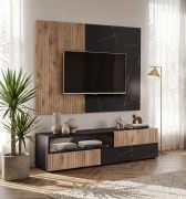 Mobile TV "Slte" 01, rovere Viking/marmo nero, pannello a muro, 3 cassetti, frontale cannettato, Sistema "push-to-open", 160 x 45 x 120 / 42 cm