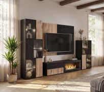 Parete attrezzata "Sylte" 04, rovere Viking/marmo nero, 1 pannello a muro, 1 mobile TV, 2 vetrinette camino a bioetanolo, illuminazione a LED, 280 x 45 x 182 cm
