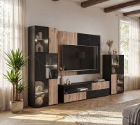 Parete attrezzata "Sylte" 03, rovere Viking/marmo nero, 1 pannello a muro, 2 vetrinette, 1 mobile TV, Sistema "push-to-open", illuminazione a LED, 280 x 45 x 182 cm