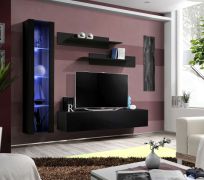 Parete attrezzata soggiorno Hompland 68 | LED blu integrato | Nero opaco e lucido | 170 x 210 x 40 cm | 1 pensile