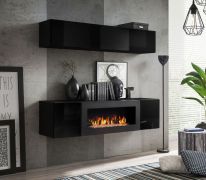 Pensile e cassettiera Hompland 124 con camino a bioetanolo | Nero elegante | 150 x 160 x 40 cm | Design moderno