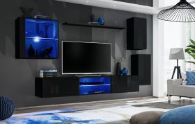 Pensile scuro Volleberg 34 | nero opaco e lucido | 140 x 250 x 40 cm | illuminazione LED blu