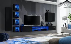 Pensile scuro Volleberg 82 | Nero opaco e lucido | 150 x 280 x 40 cm | Illuminazione LED blu