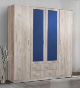 Armadio battente grigio rovere | 2 ante specchio | 2 cassetti | 11 scomparti | 205 x 160 x 52 cm