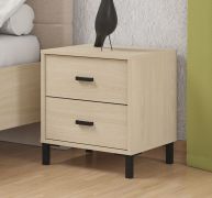 Comodino "Mitrovica" 04, color rovere chiaro, maniglie e gambe nere, 2 cassetti, bordi in ABS, 48 x 40 x 52 cm