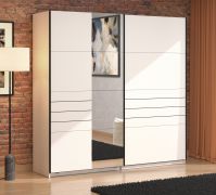 Armadio ad ante scorrevoli "Petrovac" 07, bianco opaco, 1 anta a specchio, 2 ripiani, 2 barre appendiabiti, bordi in ABS, 220 x 61 x 217,5 cm