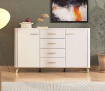 Madia "Alibunar" 05, color cashmere, maniglie e gambe: rovere Artisan, 2 ante a battente, 4 scomparti, 4 cassetti, bordi in ABS, 154 x 40 x 90,5 cm