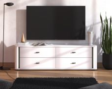 Mobile TV "Krusevac", bianco opaco, maniglie nere, 4 cassetti, incl. illuminazione a LED, bordi in ABS, 176,5 x 40 x 52 cm