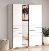 Armadio ad ante scorrevoli "Petrovac" 01, bianco opaco, 1 anta a specchio, 2 scomparti, 2 barre appendiabiti, bordi in ABS, 145,5 x 60 x 217,5 cm