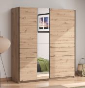 Armadio ad ante scorrevoli "Petrovac" 05, color rovere Artisan, 1 anta a specchio, 2 scomparti, 2 barre appendiabiti, bordi in ABS, 195 x 61 x 217,5 cm