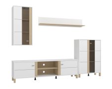 Parete attrezzata "Leskovac", bianco opaco/rovere chiaro Porto, 1 mobile TV, 2 vetrinette, 1 mensola, 2 canaline passacavi, 260 x 40 x 183 cm