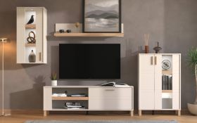 Parete attrezzata "Doljevac", color cashmere / rovere Artisan, 1 mobile TV, 1 pensile, 1 vetrinetta, 1 mensola, bordi in ABS, 289 x 40 x 181 cm