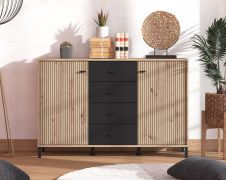 Madia "Kladovo", color rovere Artisan/nero, 2 ante a battenti, 4 scomparti, 4 cassetti, bordi in ABS, 138 x 40 x 90 cm