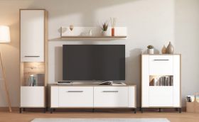 Parete attrezzata "Zvezdara" 01, color rovere Artisan/bianco opaco, 1 mobile TV, 2 vetrinette, 1 mensola, 299 x 40 x 192,5 cm
