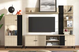 Parete attrezzata "Aleksinac", color rovere Artislight Port/rovere nero, 1 mobile TV, 7 scomparti, 1 mensola, 1 vetrinetta, vetro colorato, 2 canaline passacavi, 263 x 40 x 167 cm