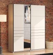 Armadio ad ante scorrevoli "Petrovac", color cashmere, 2 ripiani, 2 barre appendiabiti, 1 anta a specchio, bordi in ABS, 145,5 x 60 x 217,5 cm