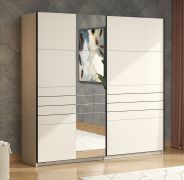 Armadio ad ante scorrevoli "Petrovac" 09, color cashmere, 2 ripiani, 2 barre appendiabiti, 1 anta a specchio, bordi in ABS, 220 x 61 x 217,5 cm