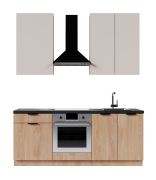 Angolo cottura / Blocco cucina | Colore: rovere Puccini / beige | Larghezza: 2 metri | 5 elementi | Maniglie nere | Compreso pannello di base | Funzione Soft-Close