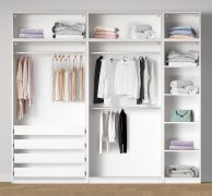 Armadio a giorno "Aarwangen" 21, bianco, 8 scomparti, 4 ripiani in legno, 4 cassetti interni, 3 barre appendiabiti, 256,5 x 55 x 234 cm