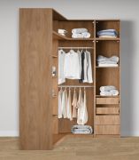 Armadio angolare a giorno "Aarwangen", color rovere Puccini, 4 cassetti, 10 scomparti, 5 ripiani, 2 barre appendiabiti, 108,5 x 55 x 234 cm