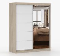 Armadio scorrevole Galtee 02 | Bianco e rovere Sonoma | Specchio frontale | 2 ante, 6 scomparti | 195 x 160 x 61 cm