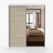 Armadio scorrevole Galtee | Bianco e rovere Sonoma | Specchio frontale | 2 ante, 6 scomparti | 195 x 160 x 61 cm