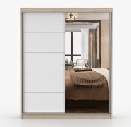 Armadio scorrevole Galtee 07 | Bianco e rovere Sonoma | 2 ante con specchio | 6 scomparti | 195 x 160 x 61 cm