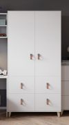 Armadio bianco 2 ante battenti Taygetos 03 | 6 scomparti | 4 cassetti | Maniglie in pelle | 201 x 105 x 55 cm