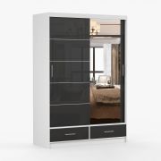 Armadio scorrevole con specchio Lusatian 03 | Bianco/Nero | 2 ante | 6 scomparti | 2 cassetti | 218 x 150 x 61 cm