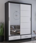 Armadio scorrevole Lusatian 07 | Bianco/Nero | Specchio | 2 ante, 6 scomparti, 2 cassetti | 218 x 150 x 61 cm