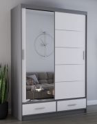 Armadio scorrevole Lusatian 06 | Bianco/Grigio | Specchio | 2 ante | 6 scomparti | 2 cassetti | 218 x 150 x 61 cm