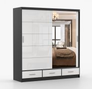 Guardaroba scorrevole Lusatian 15 | Bianco lucido/Nero | Specchio | 12 scomparti | 3 cassetti | 218 x 203 x 61 cm
