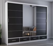 Armadio scorrevole Lusatian 37 | Bianco/Nero | Specchio frontale | 3 ante, 7 scomparti, 4 cassetti | 218 x 250 x 61 cm