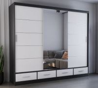 Armadio scorrevole Lusatian 33 | Bianco/Nero | 3 ante con specchio | 7 scomparti, 4 cassetti | 218 x 250 x 61 cm