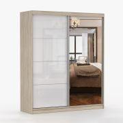 Armadio scorrevole Gorski 02 | Bianco lucido e rovere Sonoma | Specchio | 2 ante | 6 scomparti | 218 x 183 x 61 cm