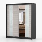 Armadio scorrevole Gorski 08 | Bianco opaco/nero/rovere | Specchio | 2 ante | 6 scomparti | 218 x 183 x 61 cm