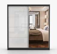 Armadio scorrevole Gorski 32 | Bianco lucido/nero con specchio | 2 ante | Maniglie in metallo | 218 x 203 x 61 cm