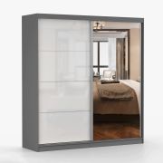 Armadio scorrevole "Gorski" 31 | Bianco/Grigio con Specchio | 2 ante, 6 scomparti | 218 x 203 x 61 cm