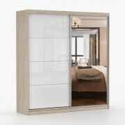 Armadio scorrevole Gorski 56 | Bianco lucido/Rovere Sonoma | 2 ante con specchio | 12 scomparti | 218 x 233 x 61 cm