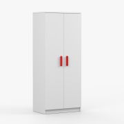Armadio battente Smolikas 69 | Bianco, 2 ante, 5 scomparti, barra appendiabiti, maniglie rosse | 192 x 80 x 50 cm