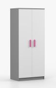 Armadio guardaroba Smolikas 58 | 2 ante battenti | 5 scomparti | 1 barra appendiabiti | Bianco/grigio | Maniglie rosa | 192 x 80 x 50 cm