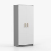Armadio battente Smolikas 63 | Bianco/Grigio | 2 ante, 5 scomparti, barra appendiabiti | Maniglie legno marrone | 192 x 80 x 50 cm