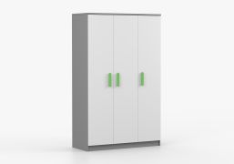 Armadio battente Smolikas 111 | Bianco/Grigio | 3 ante, 9 scomparti, 1 barra appendiabiti | Maniglie legno | 192 x 120 x 50 cm