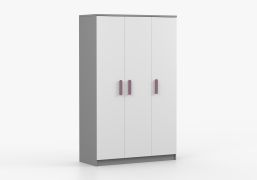 Armadio battente Smolikas 113 | Bianco e grigio | 3 ante, 9 scomparti, maniglie in legno | 192 x 120 x 50 cm