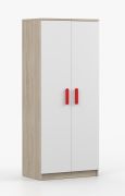 Armadio battente Smolikas 53 | Rovere Sonoma e bianco | 2 ante, 5 scomparti, barra appendiabiti | Maniglie rosse | 192 x 80 x 50 cm